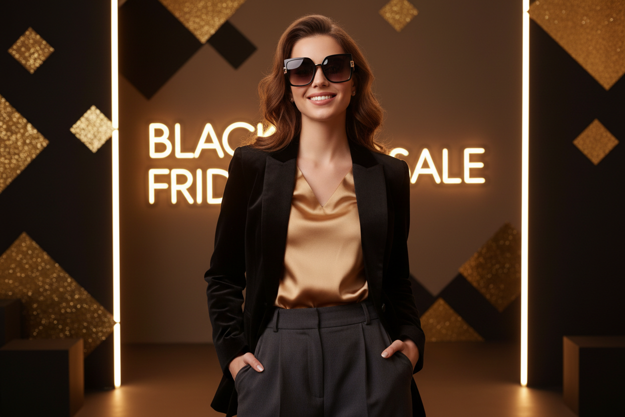 genera una imagen de una hermosa y joven mujer utilizando alguno de nuestros modelos, con motivo del black friday