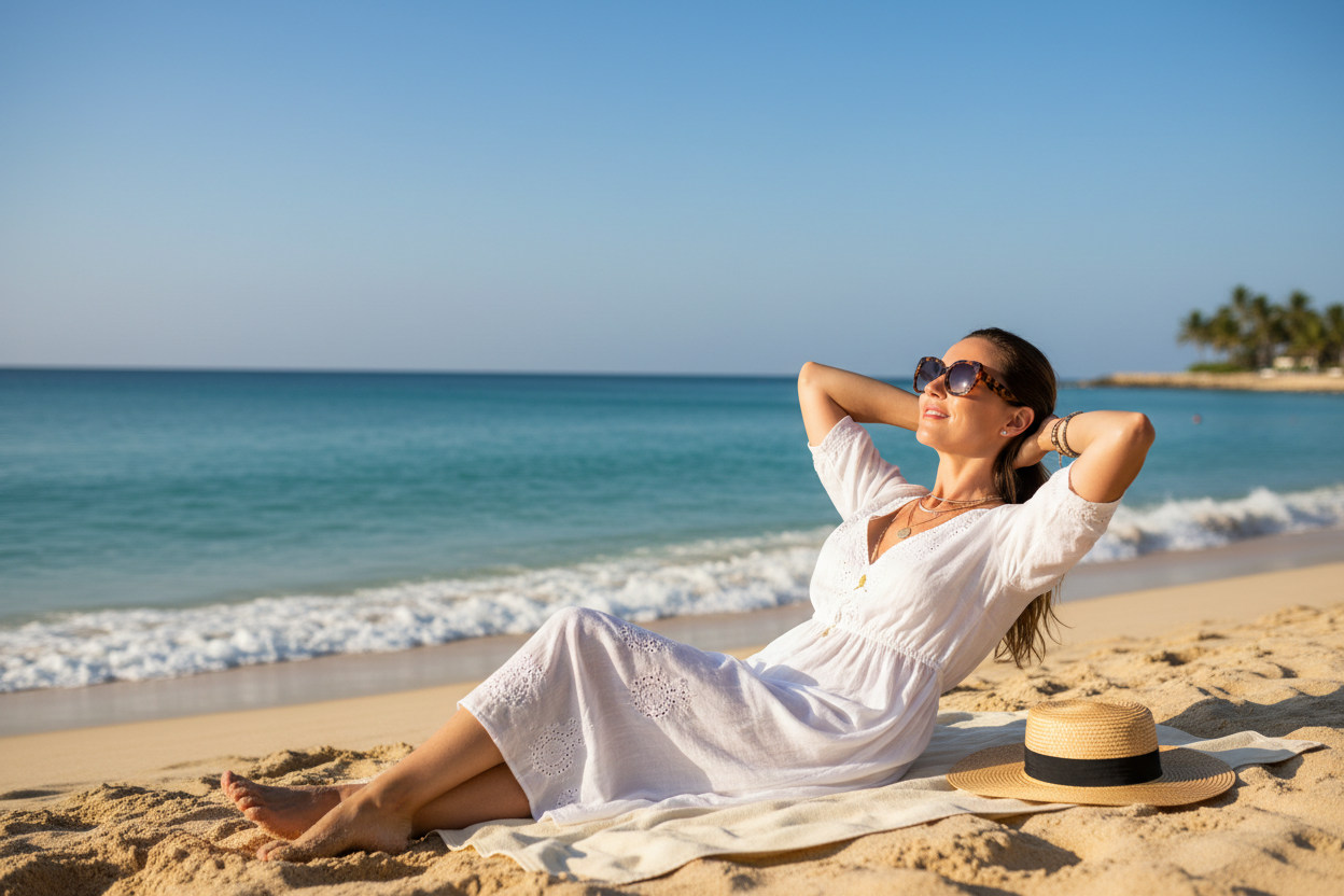 UNA MUJER EN UNA PLAYA CON LENTES DE SOL
